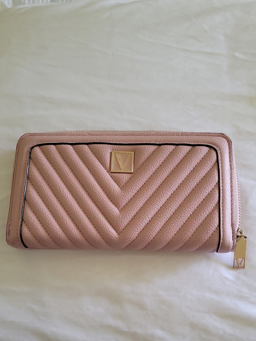 Victoria's Secret Chevron Quilted Zip Wallet - Light Pink with Gold Hardware